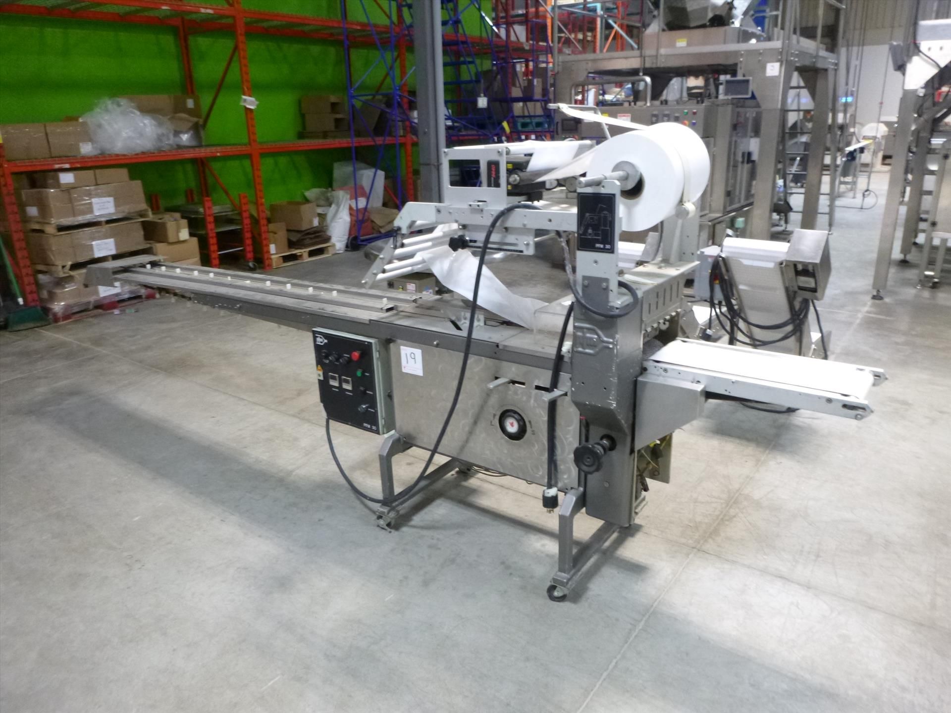 PFM model PFM30 flow wrapper packaging machine, S/N: 343092, w/ infeed conveyor