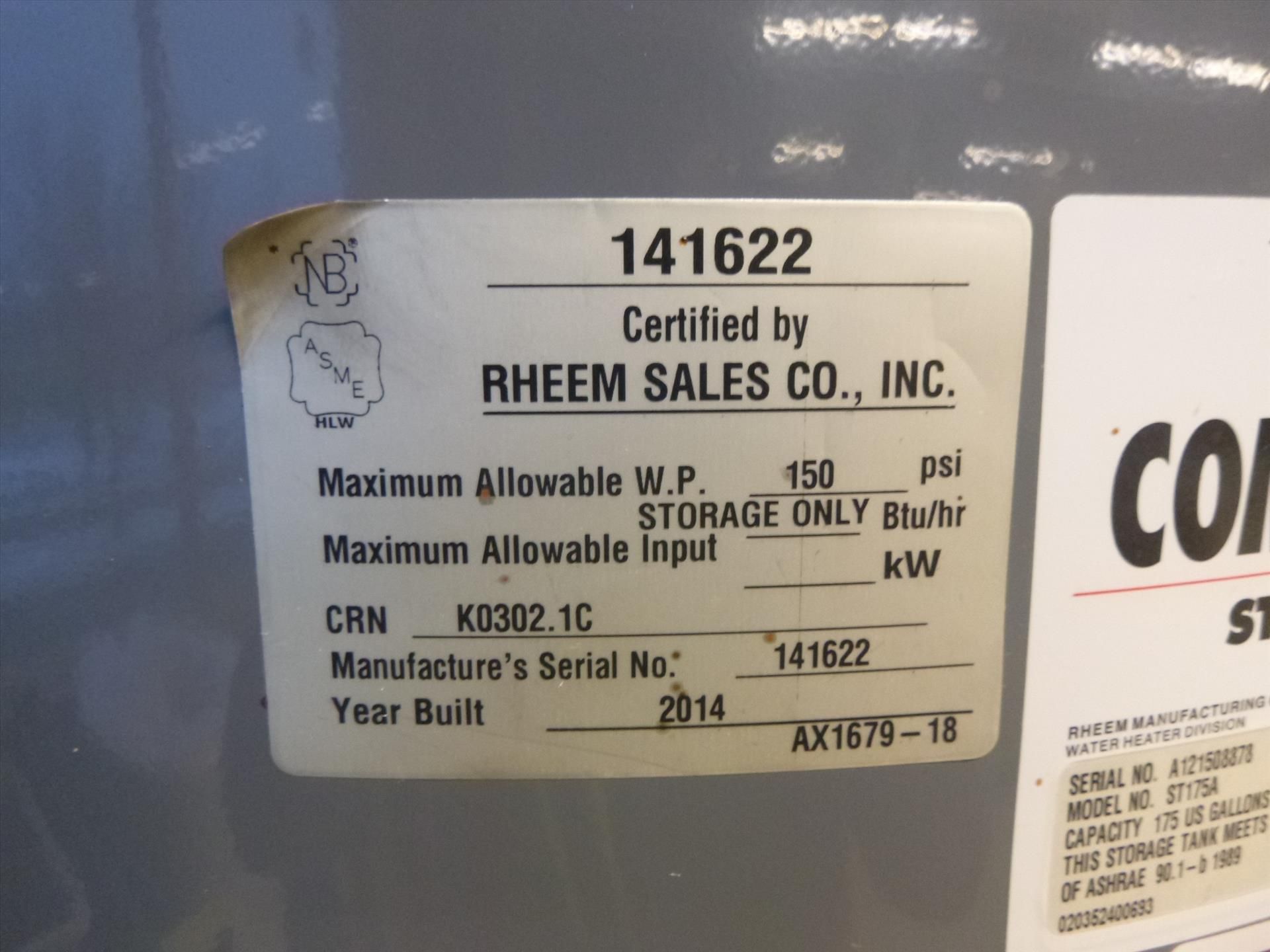 Rheem hot water tank model ST175A, 175 gal. cap. (2015) - Image 2 of 2