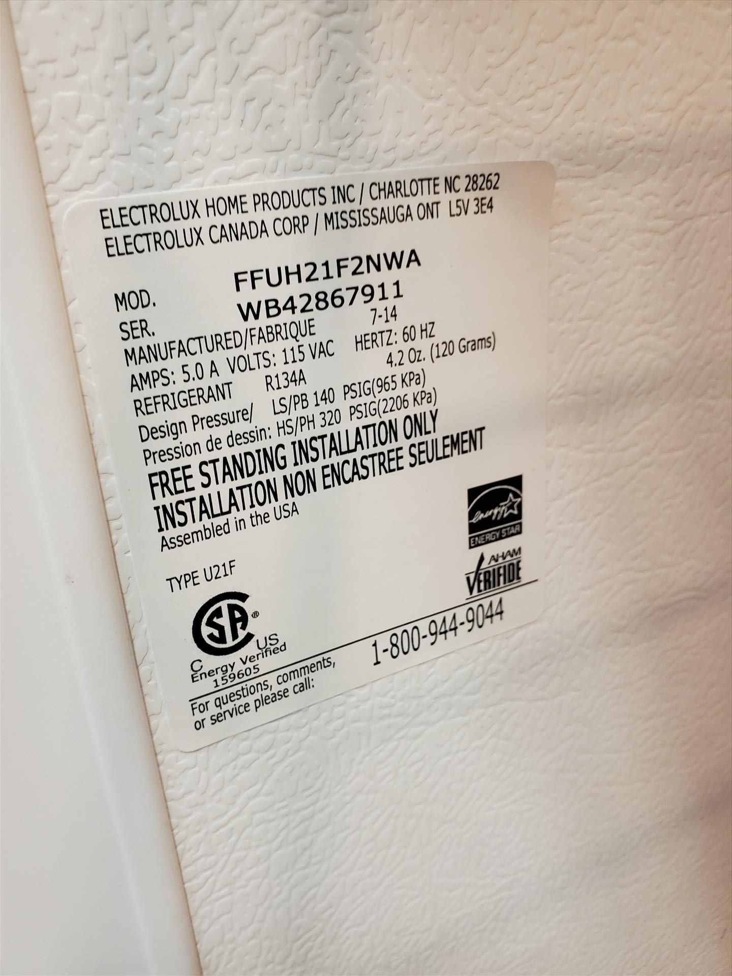 Electrolux 20.5 cu ft upright freezer, model FFUH21F2NWA - Image 2 of 2