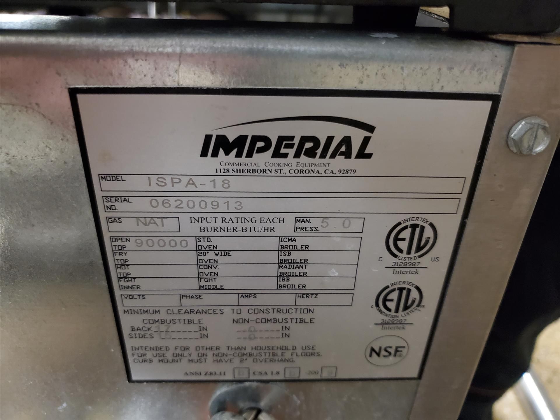 Imperial single burner gas range, model ISPA-18, s/n 06200913, 90000 BTU - Image 3 of 3