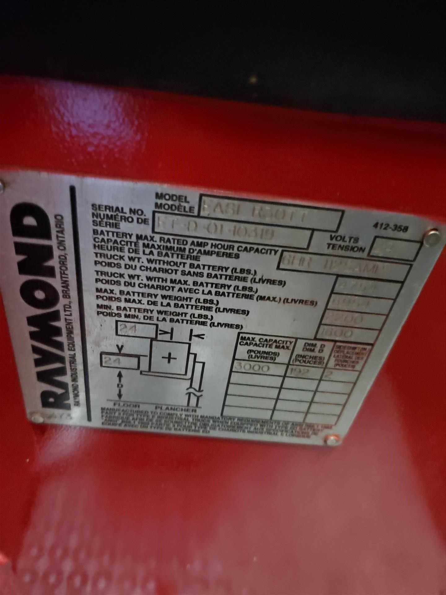 Raymond reach truck, model EASI R30TT, 3000 lb. capacity, ser. no. ET-D-01-10319, 24V c/w SCR 200 - Image 5 of 7