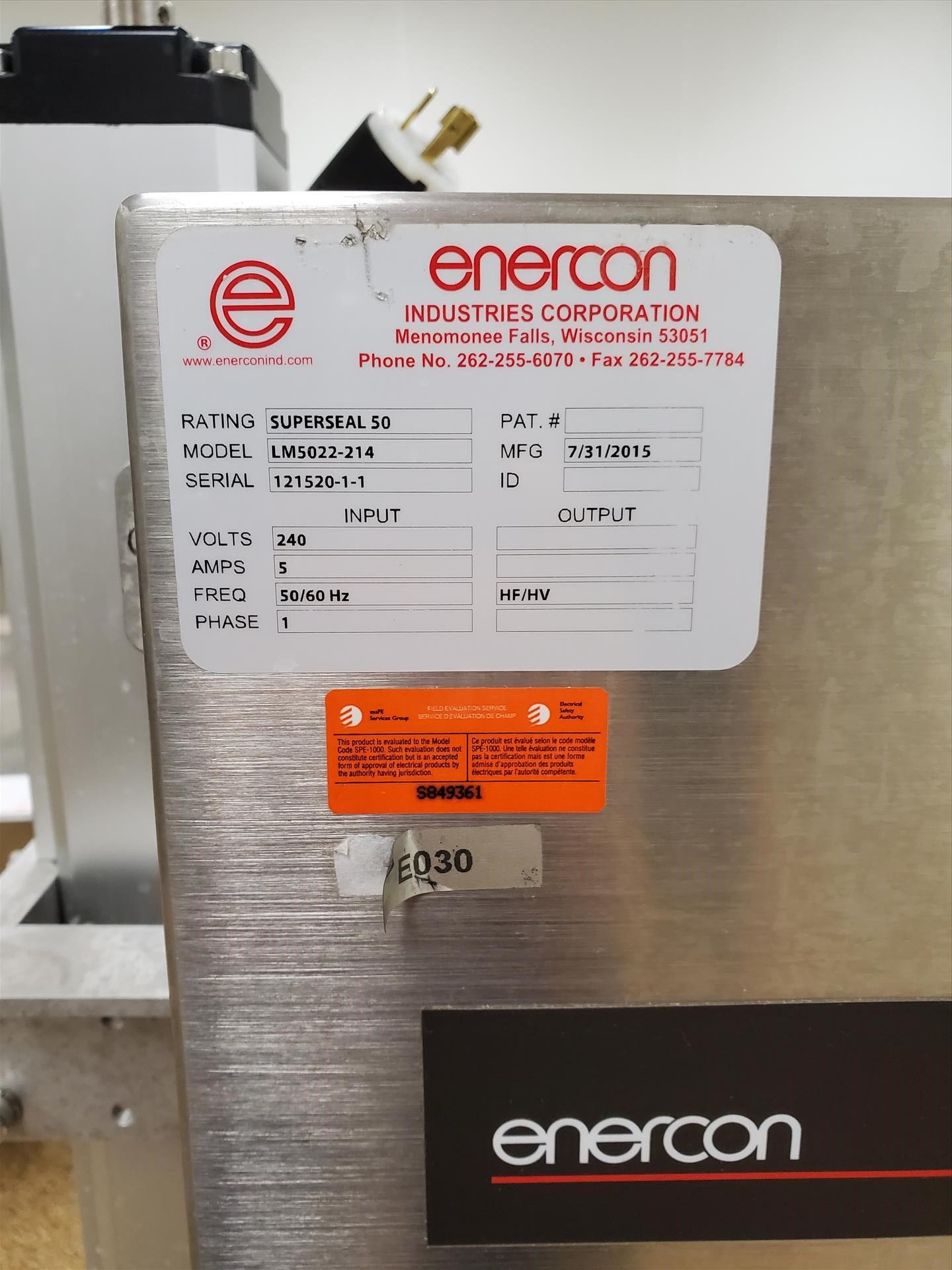 Enercon, cap induction sealing machine, model Super Seal 50 - LM5022-214, s/n 121520-1-1, adjustable - Image 6 of 6