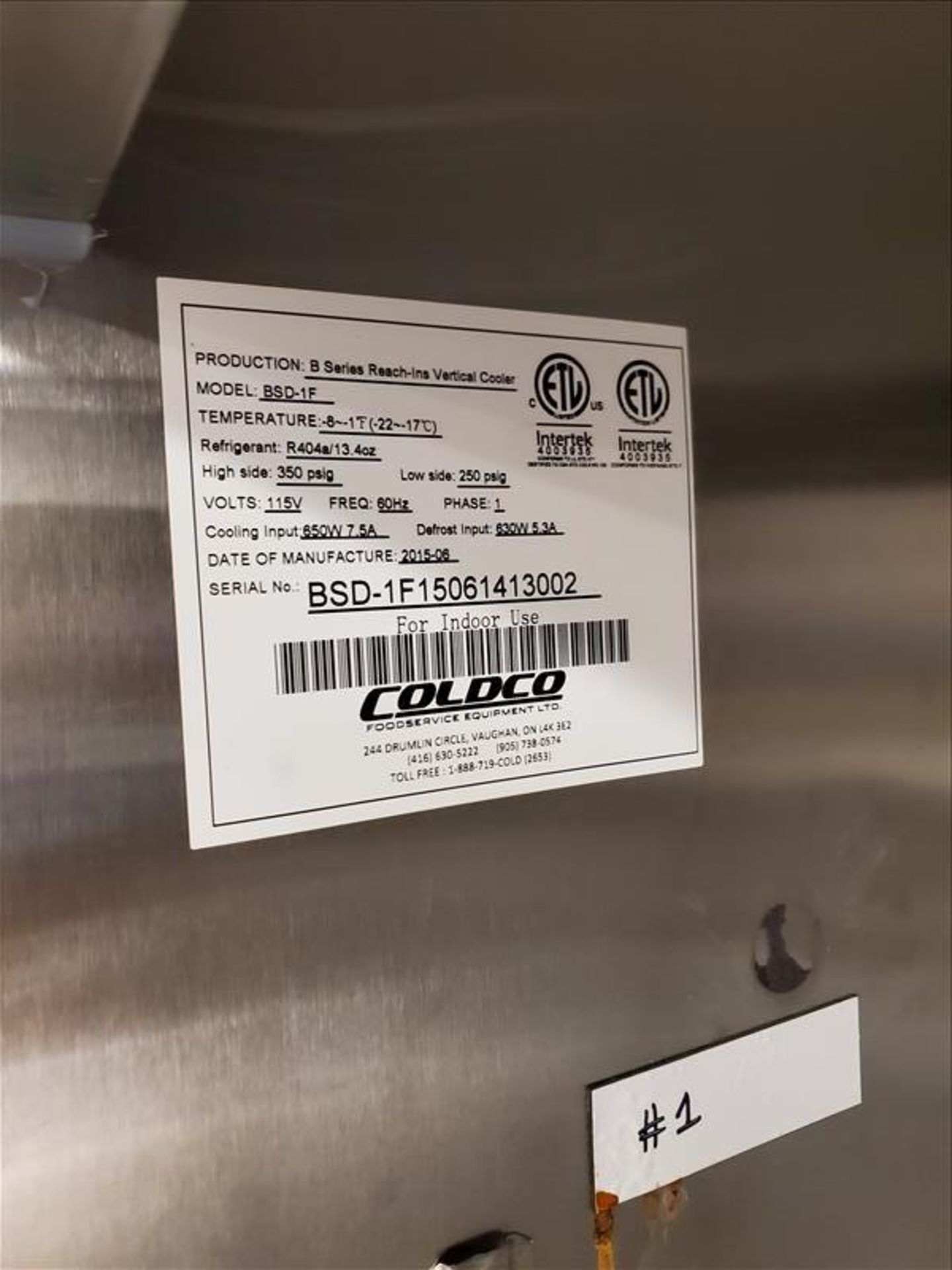 Coldco Stainless Steel Freezer, Model BSD-1F, S/N BSD-1F15061413002 - Image 3 of 3