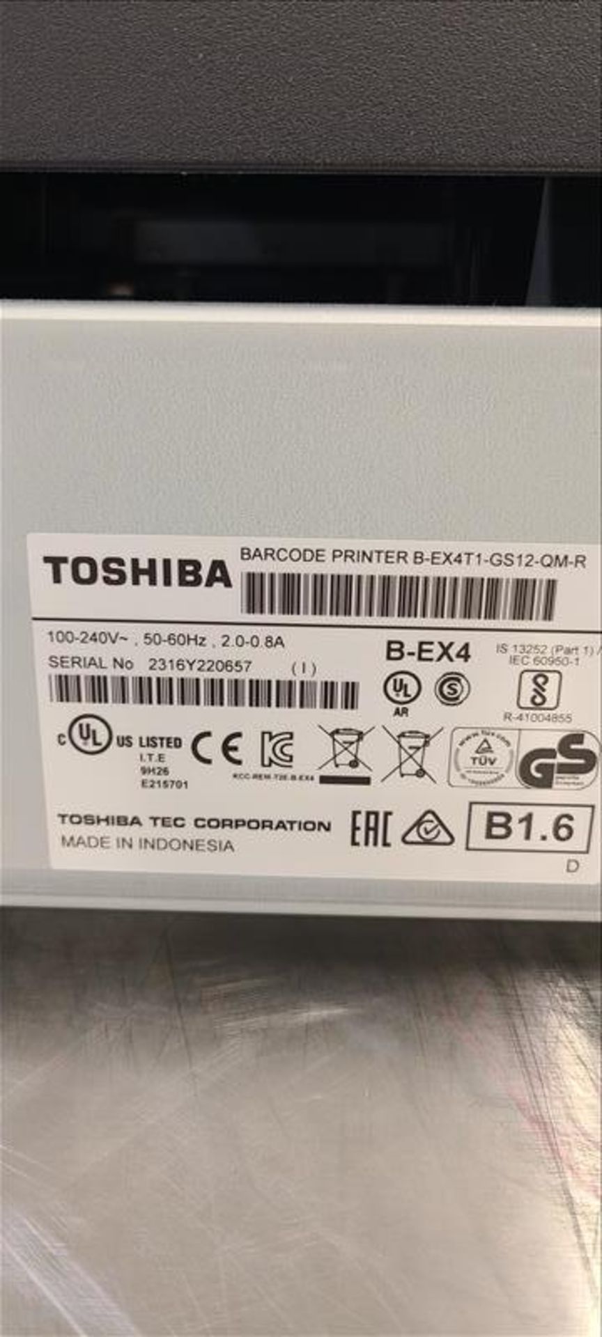 Toshiba Barcode Label Printer, s/n.2316Y220657. - Image 2 of 2