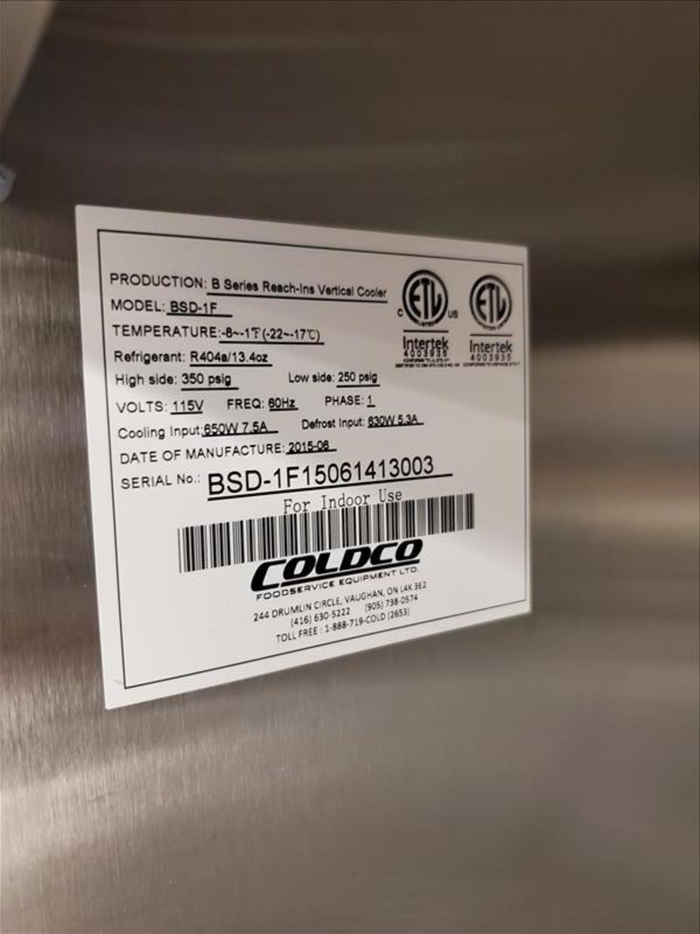 Coldco Stainless Steel Freezer, Model BSD-1F, S/N BSD-1F15061413003 - Image 3 of 3