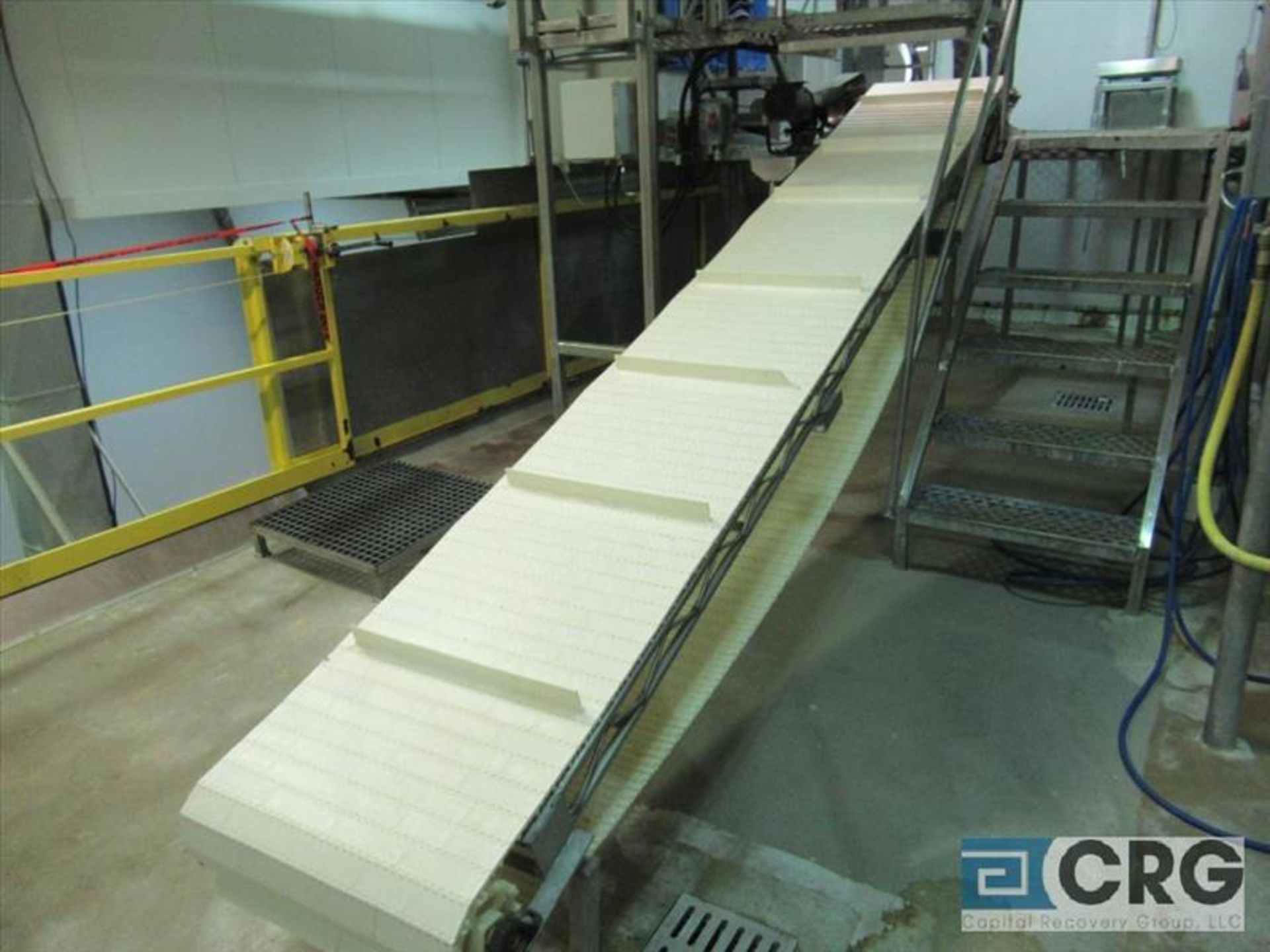 Inclined conveyor, 14 ft. long with 24 in. wide plastic cleated belt [Bi Product ]