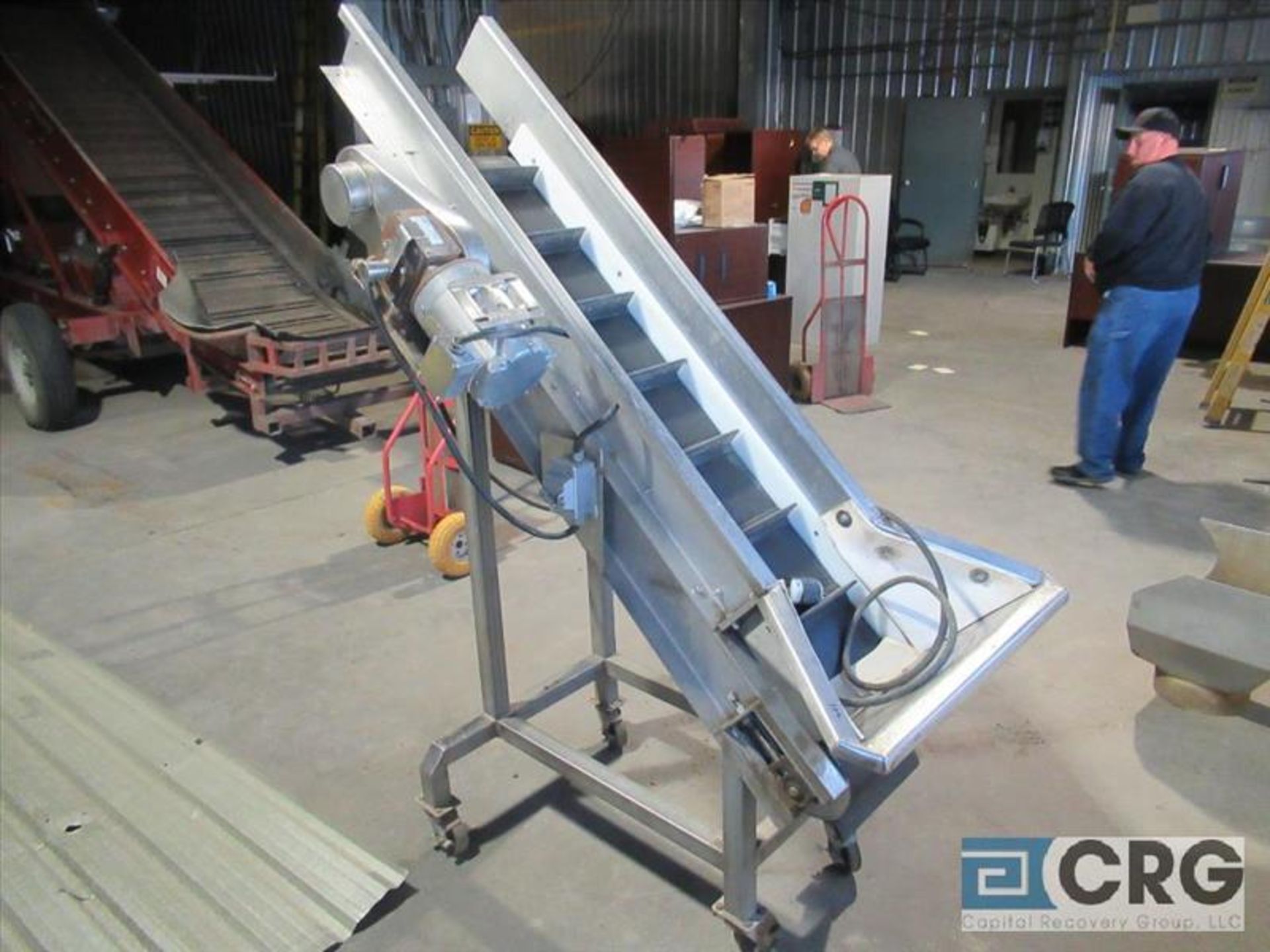 Incline conveyor, 13 in. wide x 6 ft., cleated belt, stainless steel frame, mobile [Receiving]