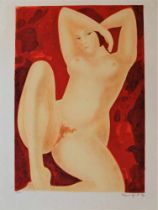 Alain Bonnefoit - Nu allongé sur fond rouge, 1973Lithographie originale en couleurs sur papierSignée