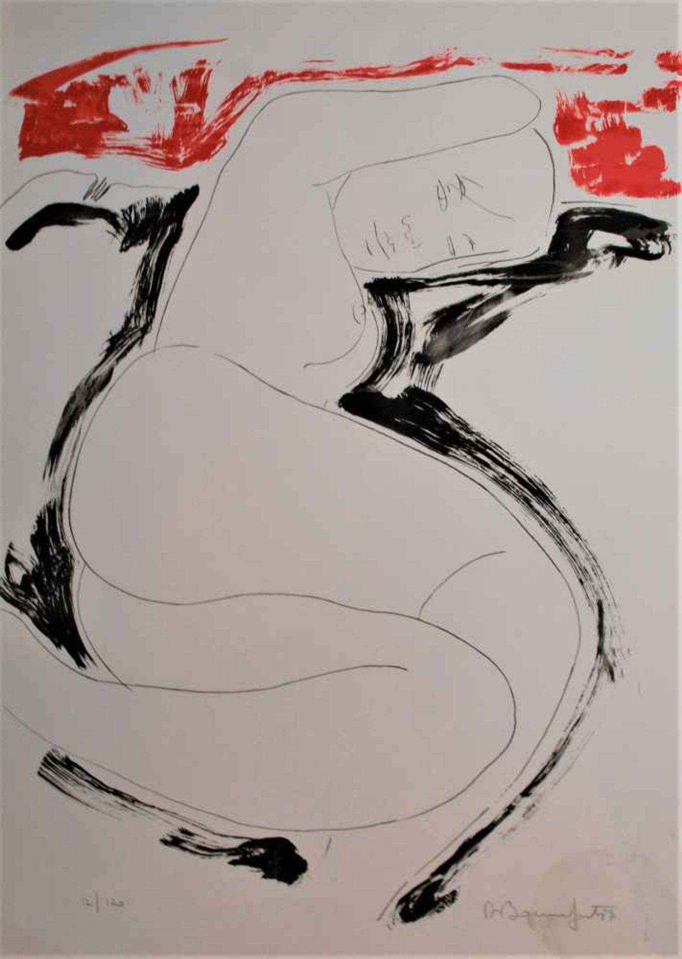 Alain Bonnefoit - Nu allongé noir et rouge III, 1987Lithographie originale en couleurs sur
