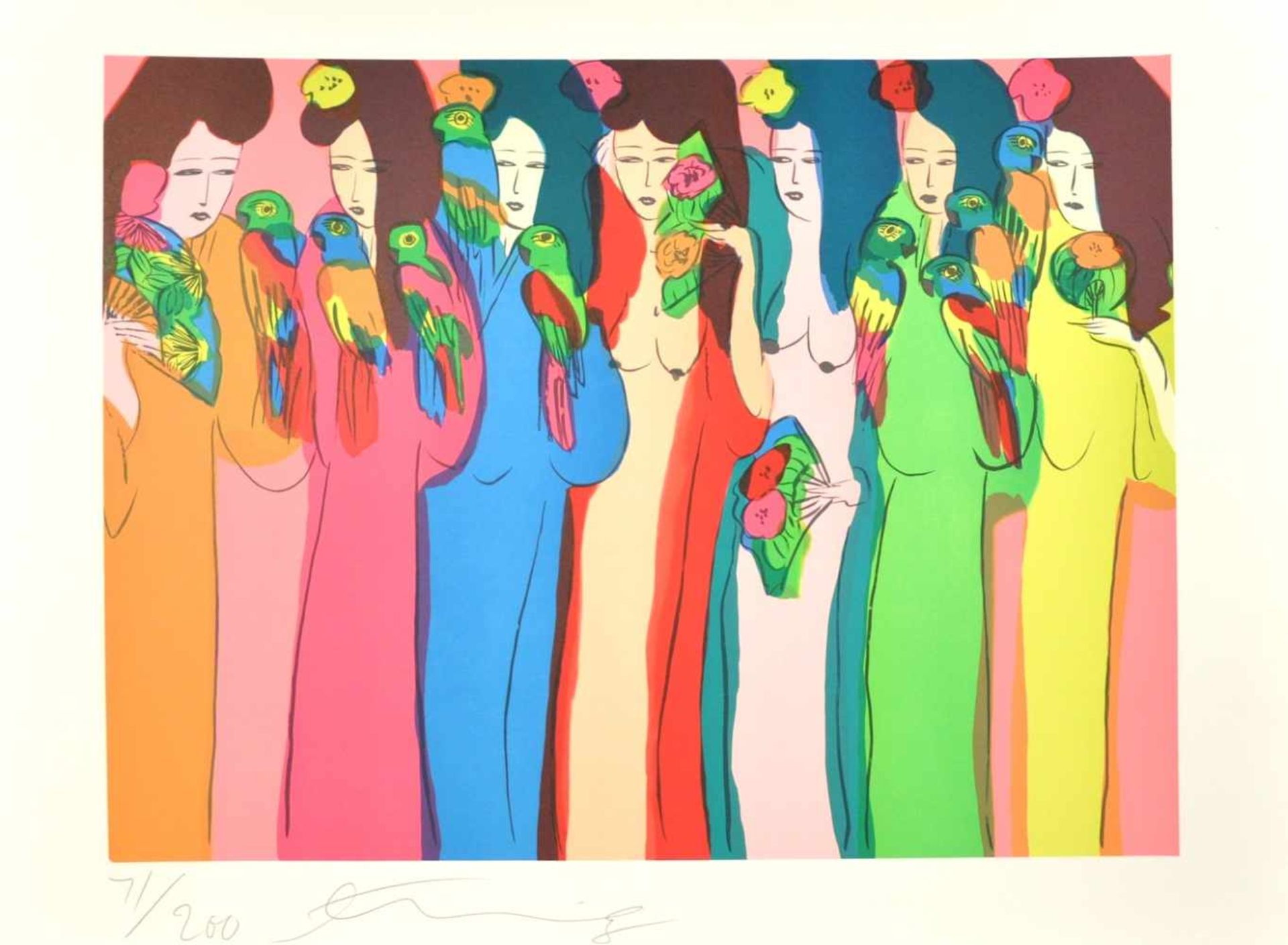 Walasse Ting - Geishas aux PerroquetsLithographie originale en couleursSignée au crayon et numérotée