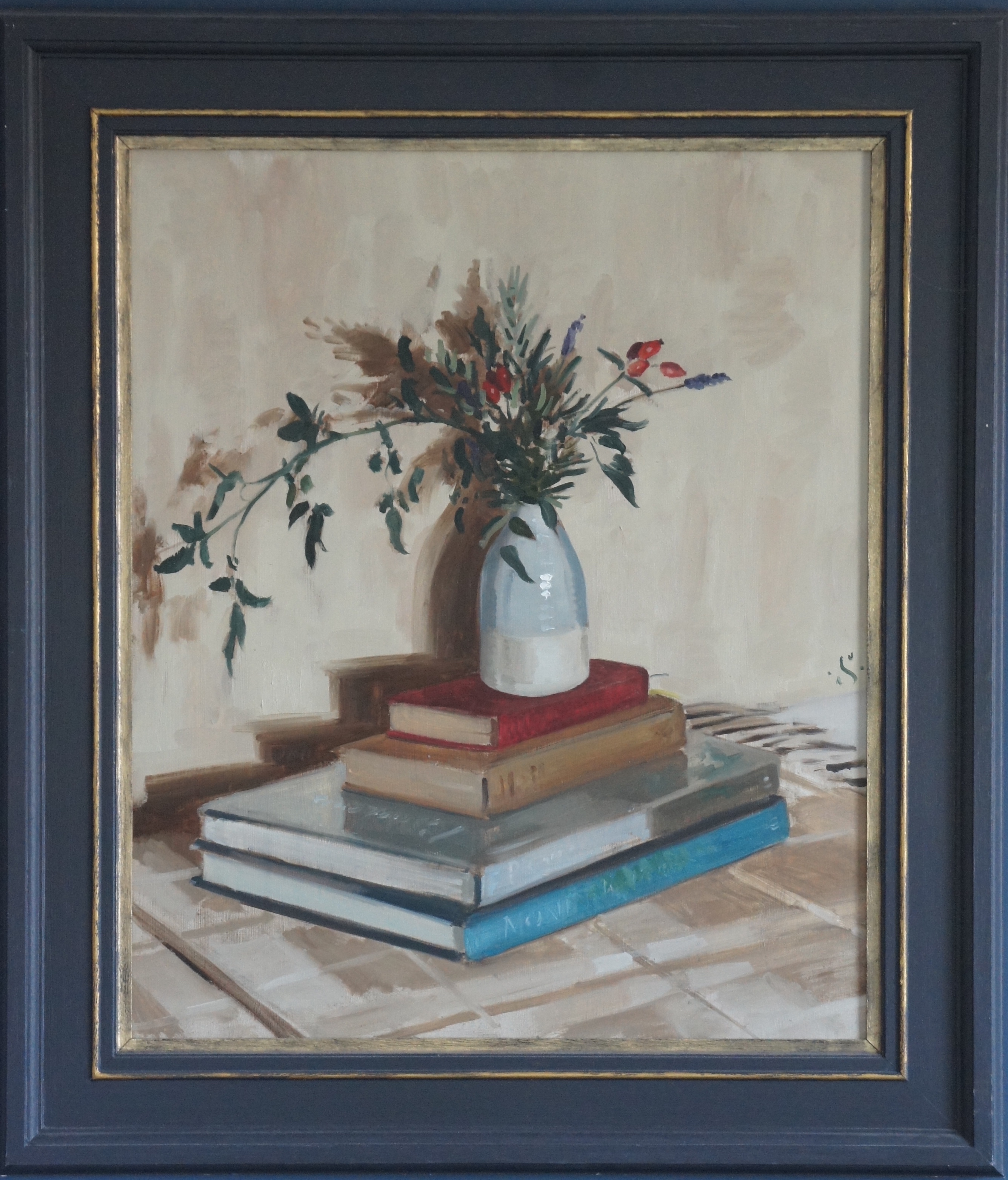 Sam Travers (b. 1984) Hedgerow plants and books Oil on board Signed with monogram 61 x 51 cm - Image 2 of 2