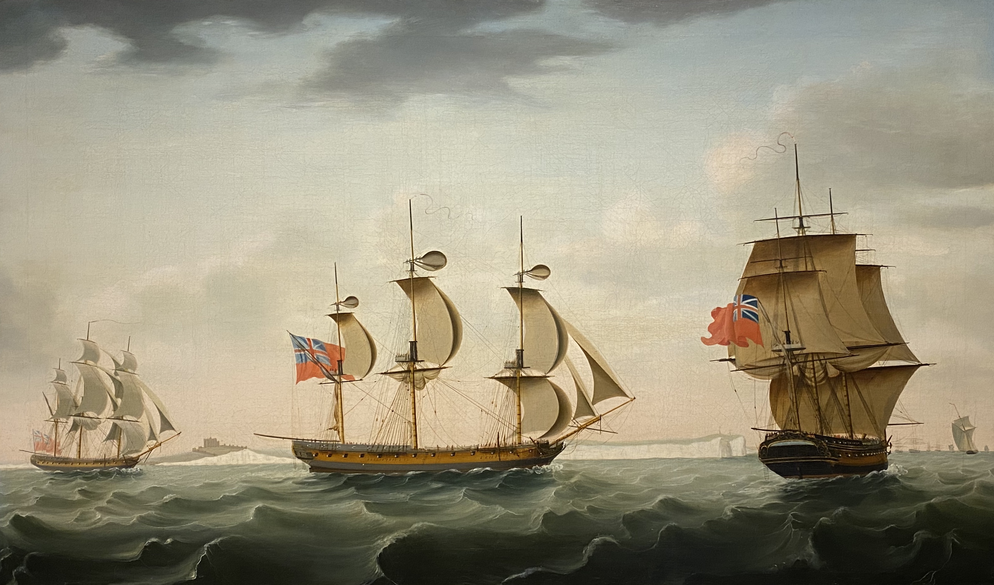 Francis Holman (1729-1790) An East India Company ship, in three positions, off Dover Oil on