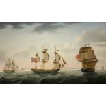Francis Holman (1729-1790) An East India Company ship, in three positions, off Dover Oil on