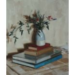 Sam Travers (b. 1984) Hedgerow plants and books Oil on board Signed with monogram 61 x 51 cm
