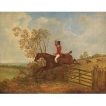 James Barenger (1780-1831) Huntsman on horseback jumping a gate, other riders in the distance Oil on