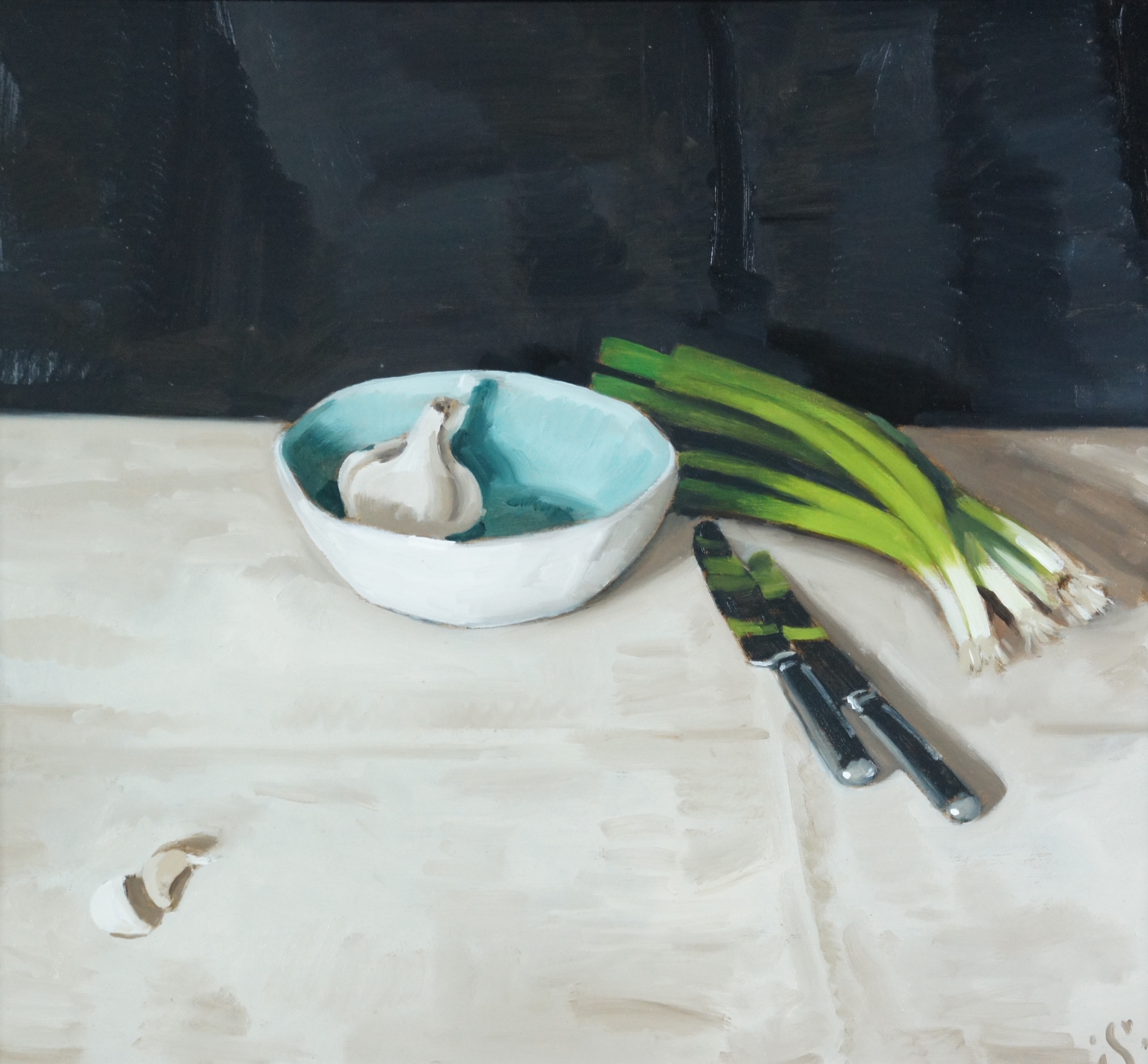 Sam Travers (b. 1984) The turquoise bowl Oil on board Signed with monogram 44 x 59 cm Framed size 60