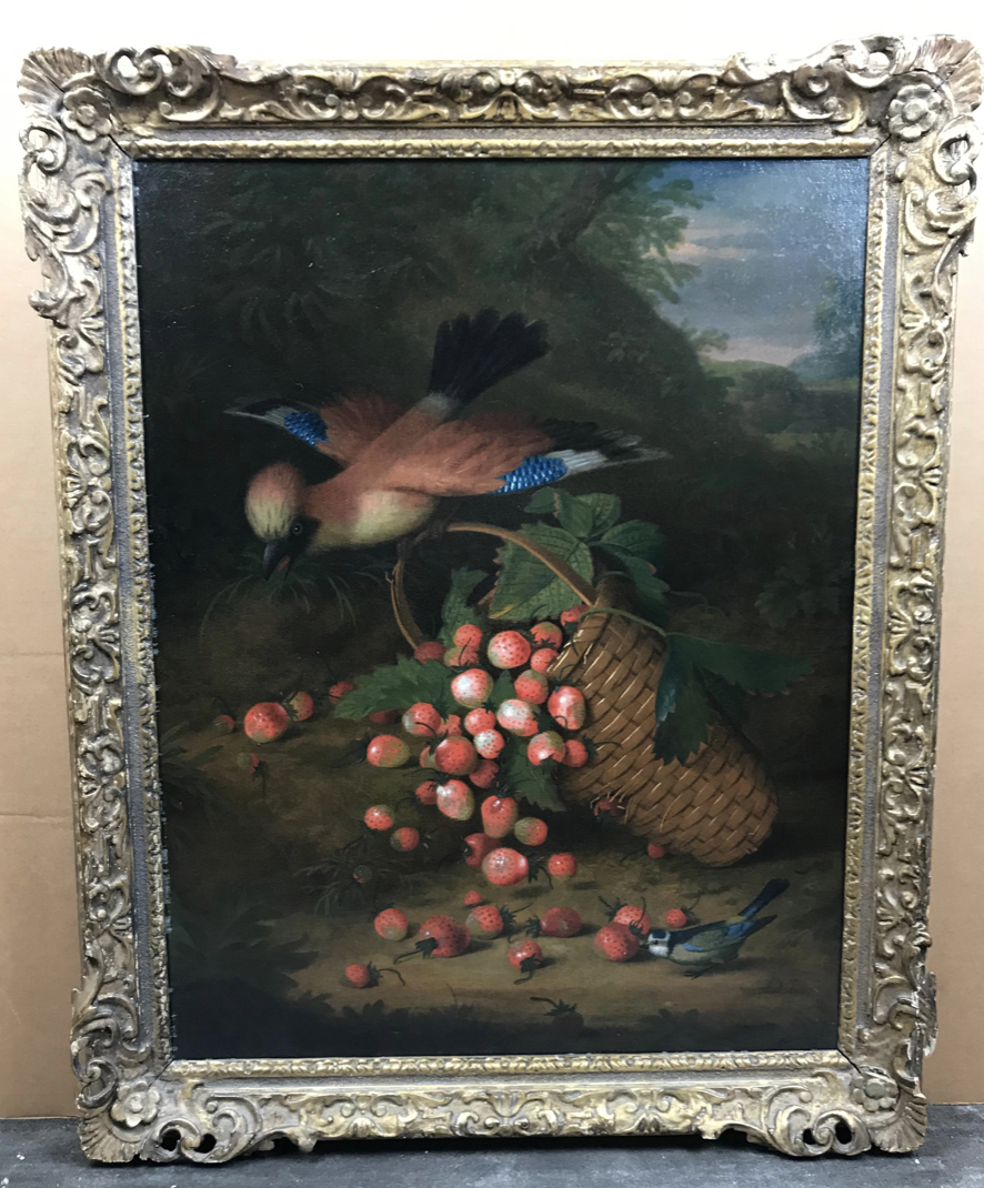 Tobias Stranover (1684 - after 1731) A jay sitting on the handle of a basket of strawberries - Image 2 of 4