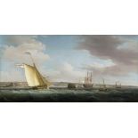 Thomas Whitcombe (1753-c.1824) A navy yacht flying the white ensign coming up to harbour in the