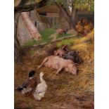 Herbert William Weekes (British, 1841-1914) Pigs slumbering amongst ducks and chickens