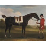 James Seymour (1702-1752), A dark bay horse held by a liveried groom in a landscape