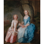 Thomas Bardwell (1704-1767) Two sisters sitting on a wooded bank with a view of a country house