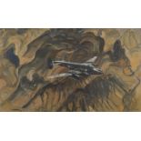 Pamela Drew (1910-1989) An Avro Shackleton Bomber in flight over Aden oil on panel signed and