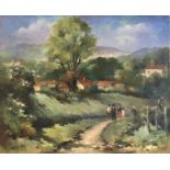 M. DAVID (French school) Figures walking in a rolling French landscape oil on canvas signed and