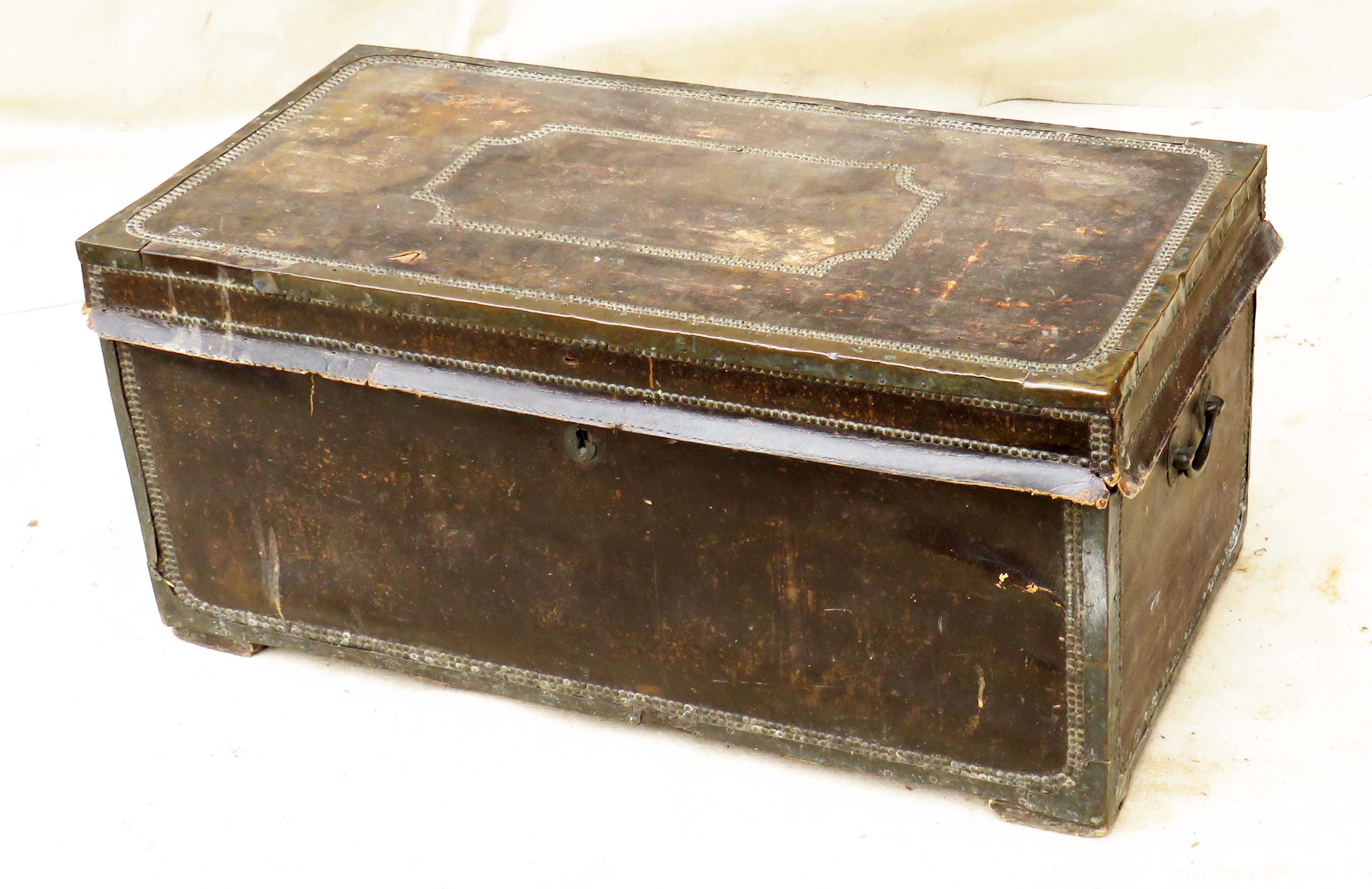 19th Century Leather, Camphor & Brass Military Campaign Trunk having lift up lid, original brass