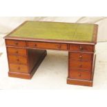 Large 19th Century Mahogany Pedestal Partners Desk having gilt tooled leather top over nine