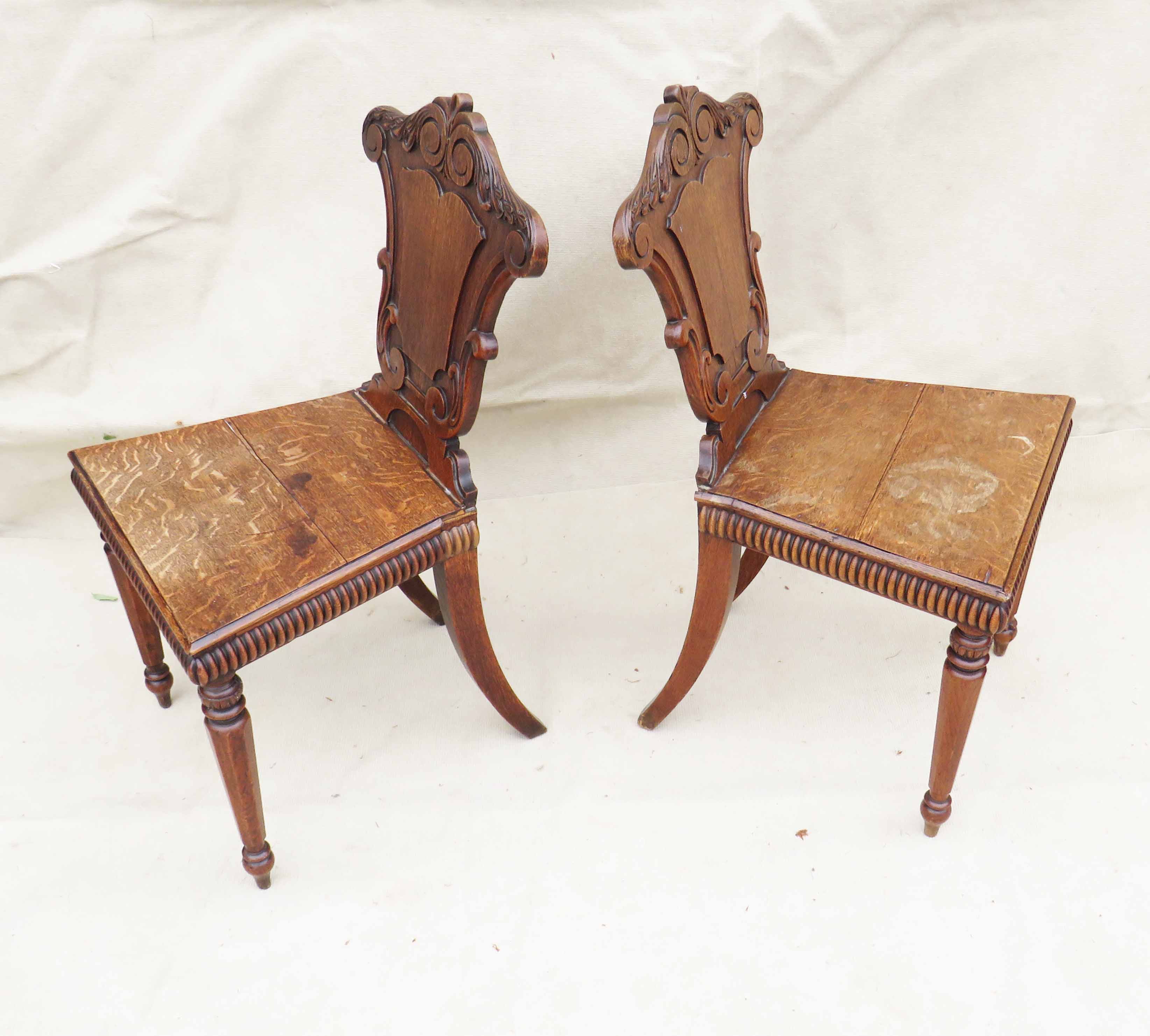 Pair Of English Oak Hall Chairs, 19th Century victorian having shield shaped backs with elegant - Image 3 of 7