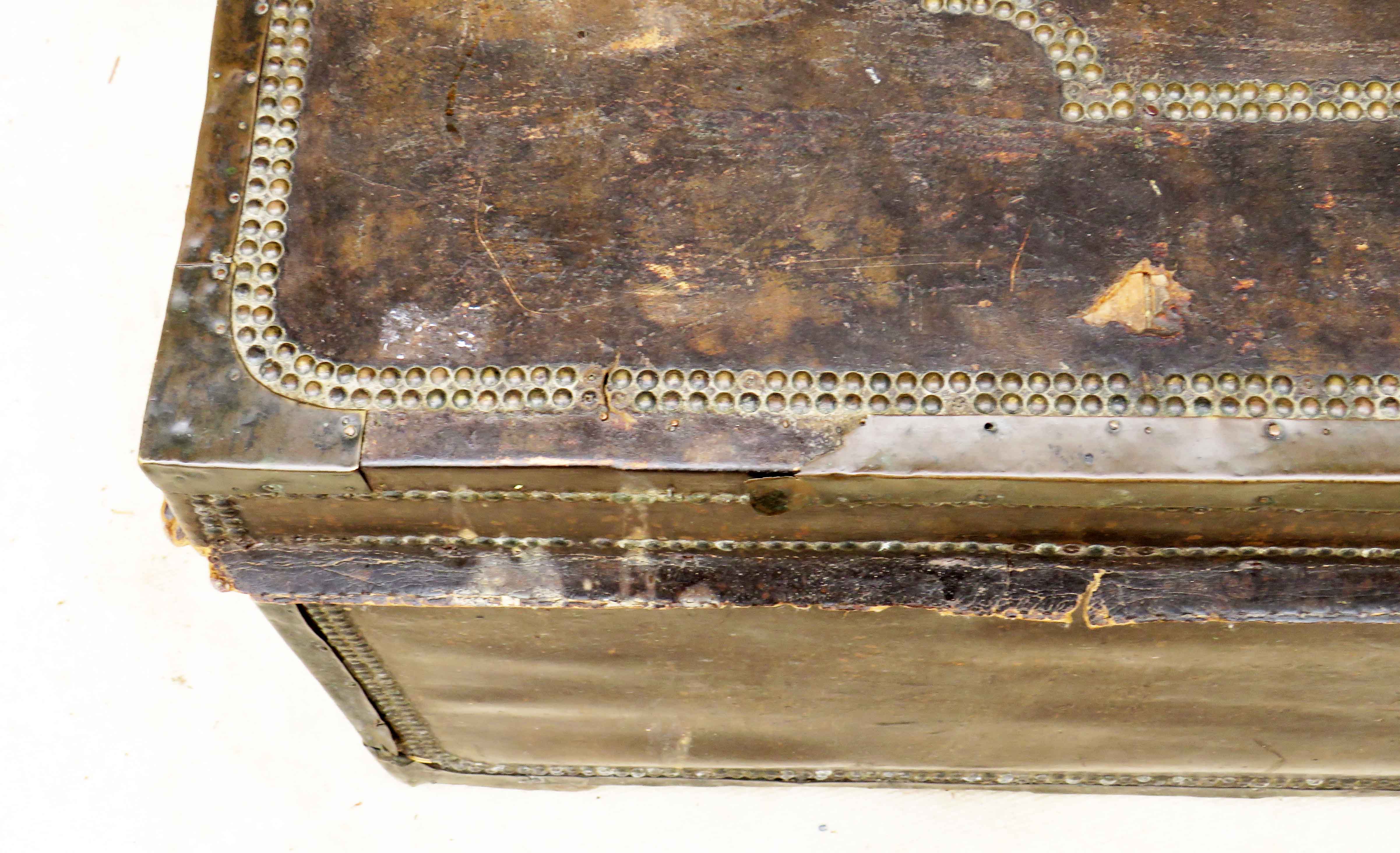 19th Century Leather, Camphor & Brass Military Campaign Trunk having lift up lid, original brass - Image 5 of 9