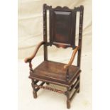 William & Mary Period Late 17th Century Oak masters armchair having panelled back over square