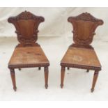 Pair Of English Oak Hall Chairs, 19th Century victorian having shield shaped backs with elegant