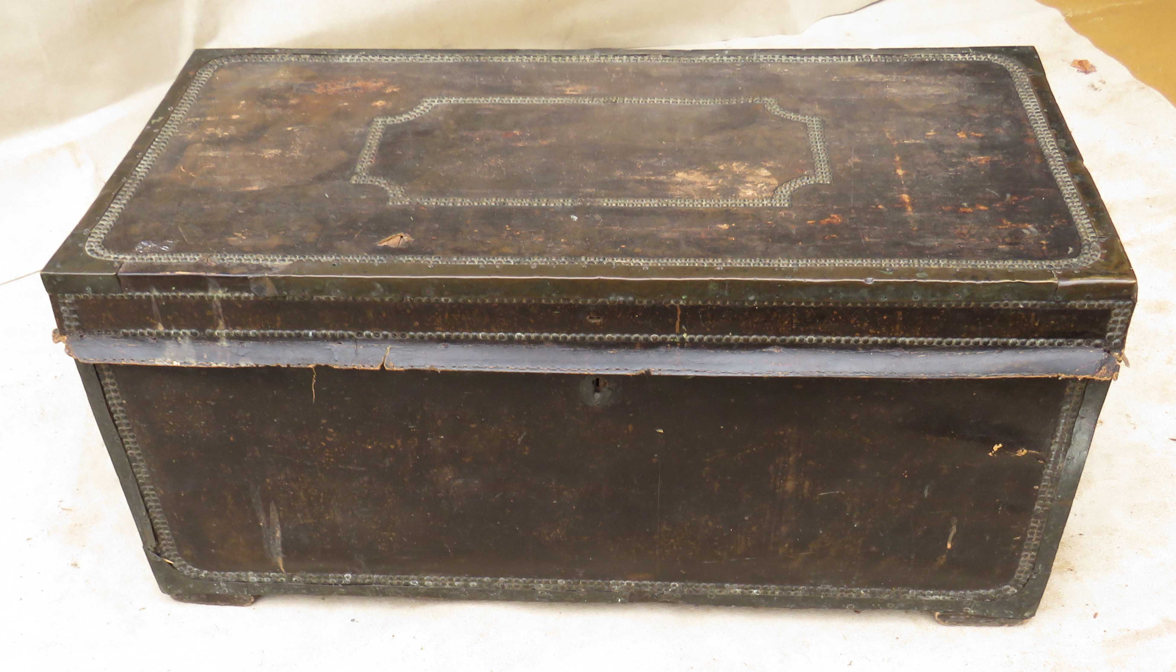 19th Century Leather, Camphor & Brass Military Campaign Trunk having lift up lid, original brass - Image 3 of 9