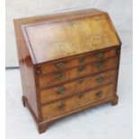 18th Century George 1 period walnut bureau, the well figured top and fall enclosing fitted