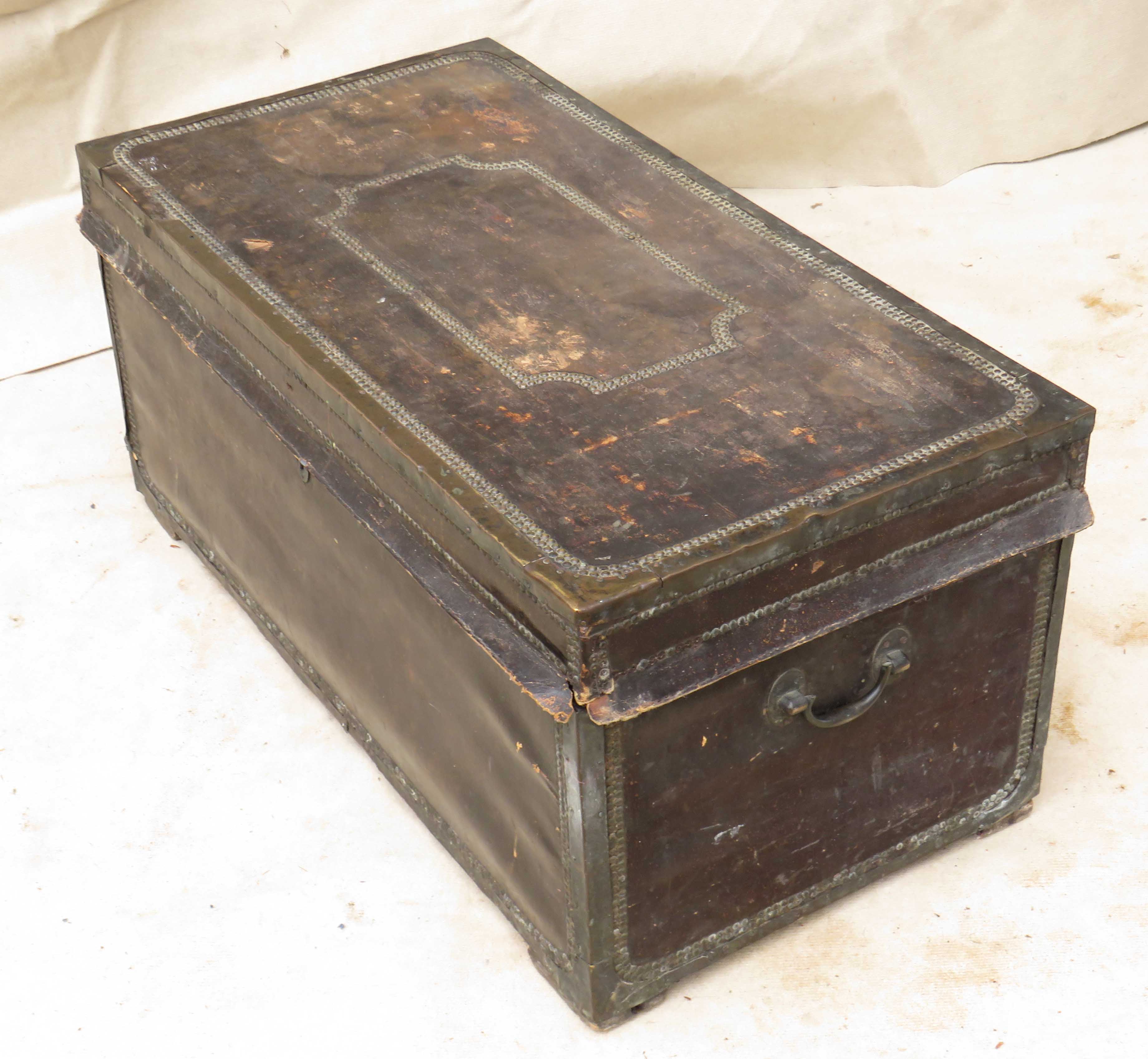 19th Century Leather, Camphor & Brass Military Campaign Trunk having lift up lid, original brass - Image 4 of 9