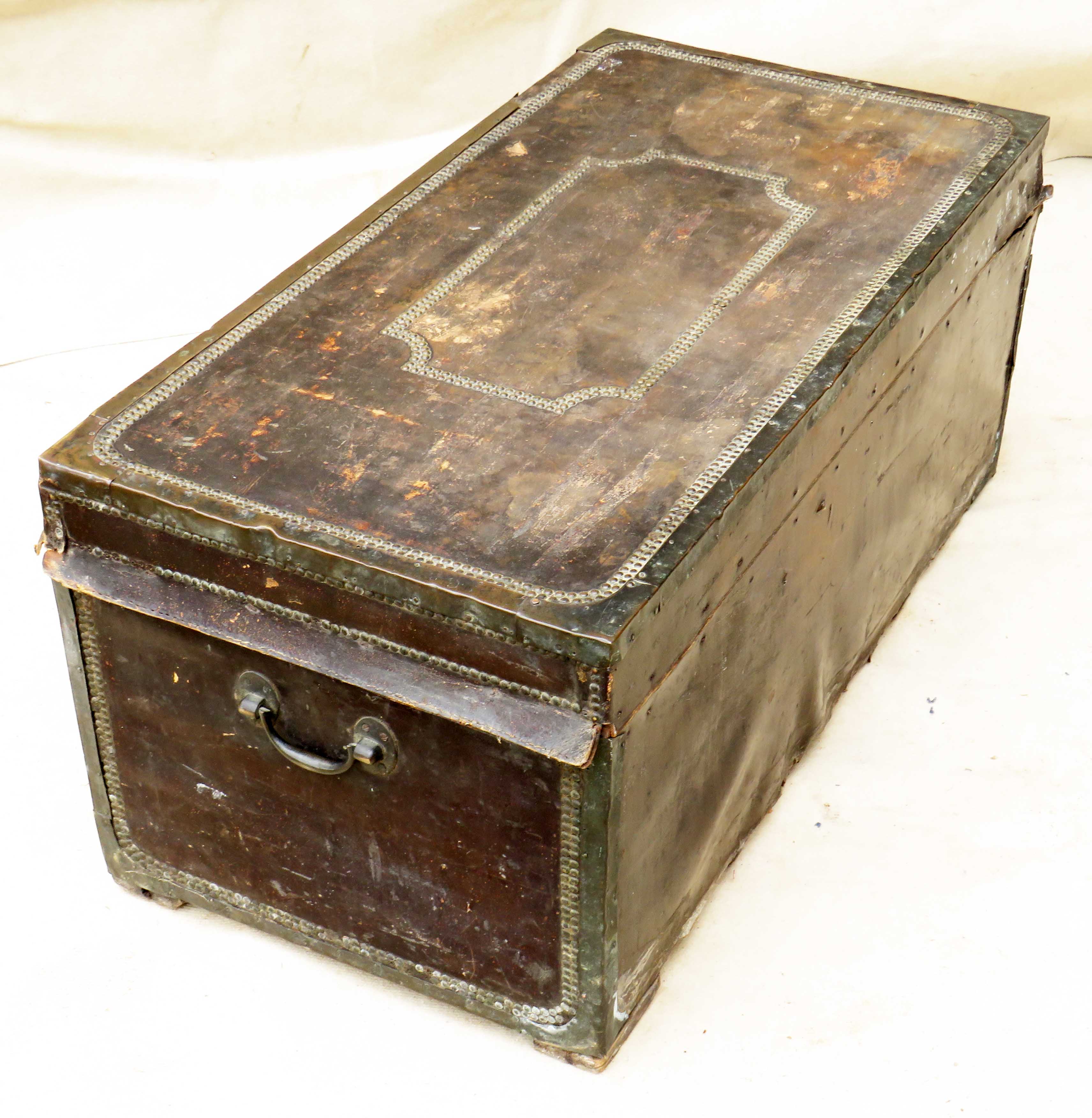 19th Century Leather, Camphor & Brass Military Campaign Trunk having lift up lid, original brass - Image 6 of 9