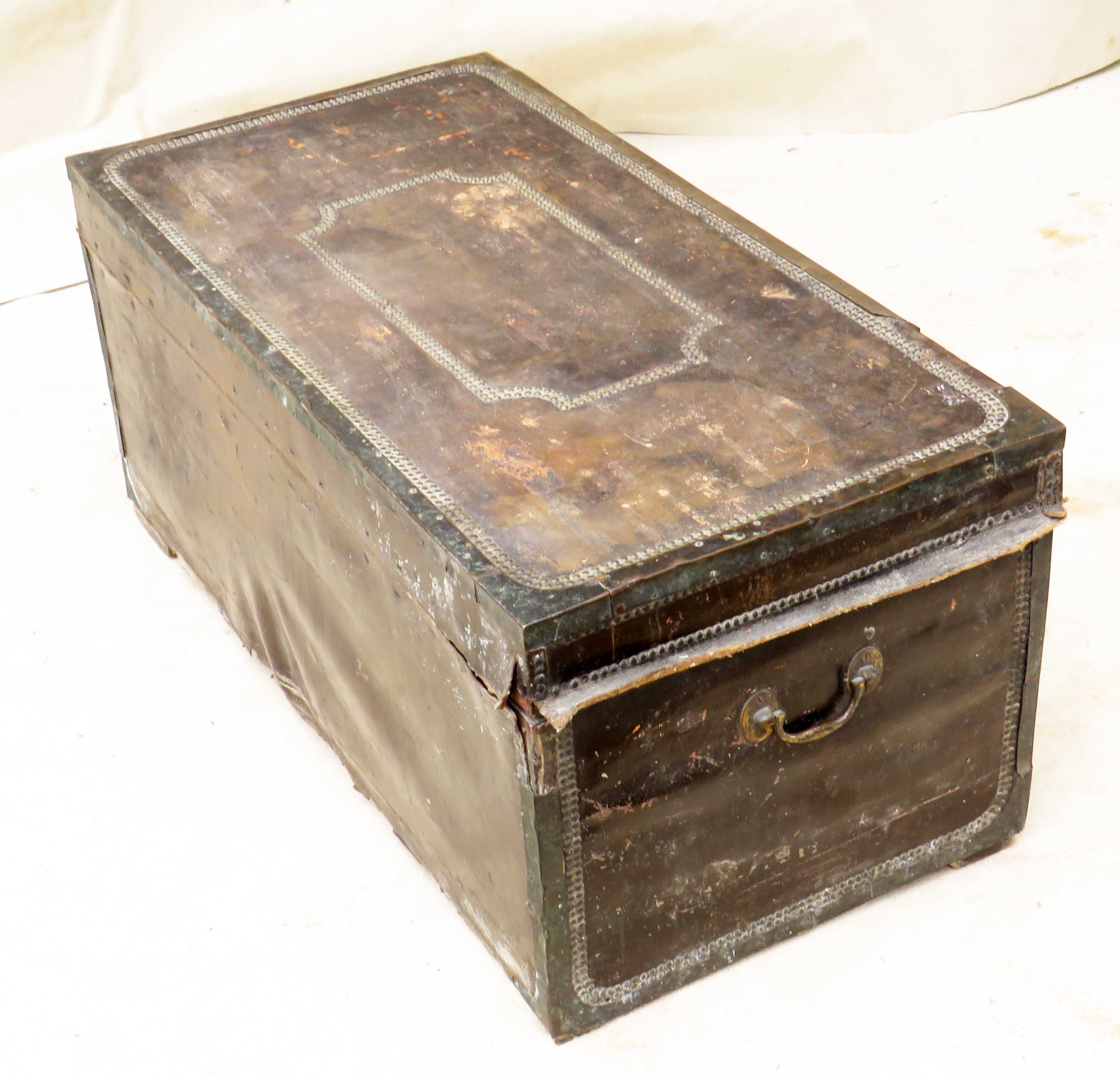 19th Century Leather, Camphor & Brass Military Campaign Trunk having lift up lid, original brass - Image 8 of 9