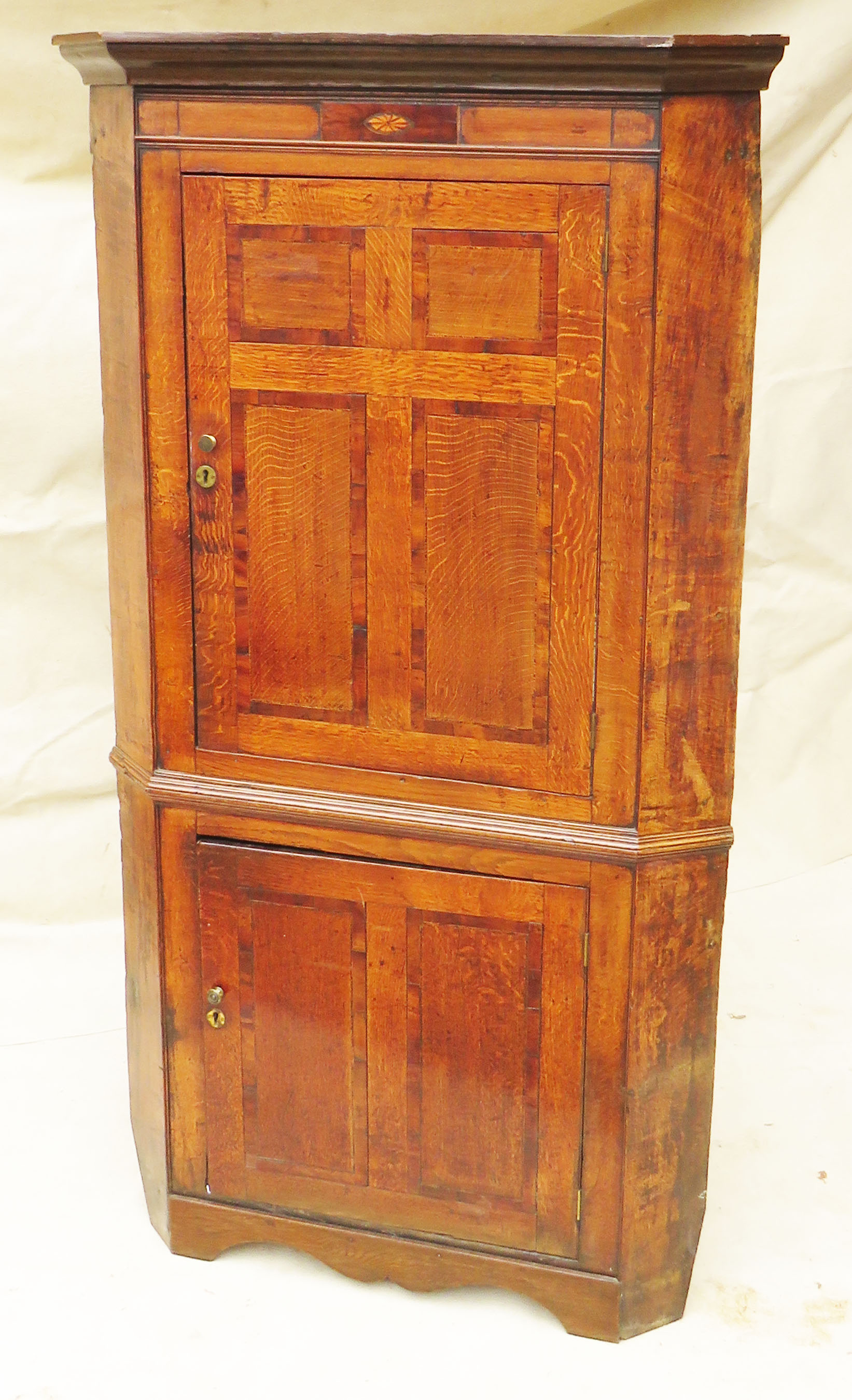 Georgian 18th Century Oak Double Corner Cupboard, with inlaid and mahogany cross banded