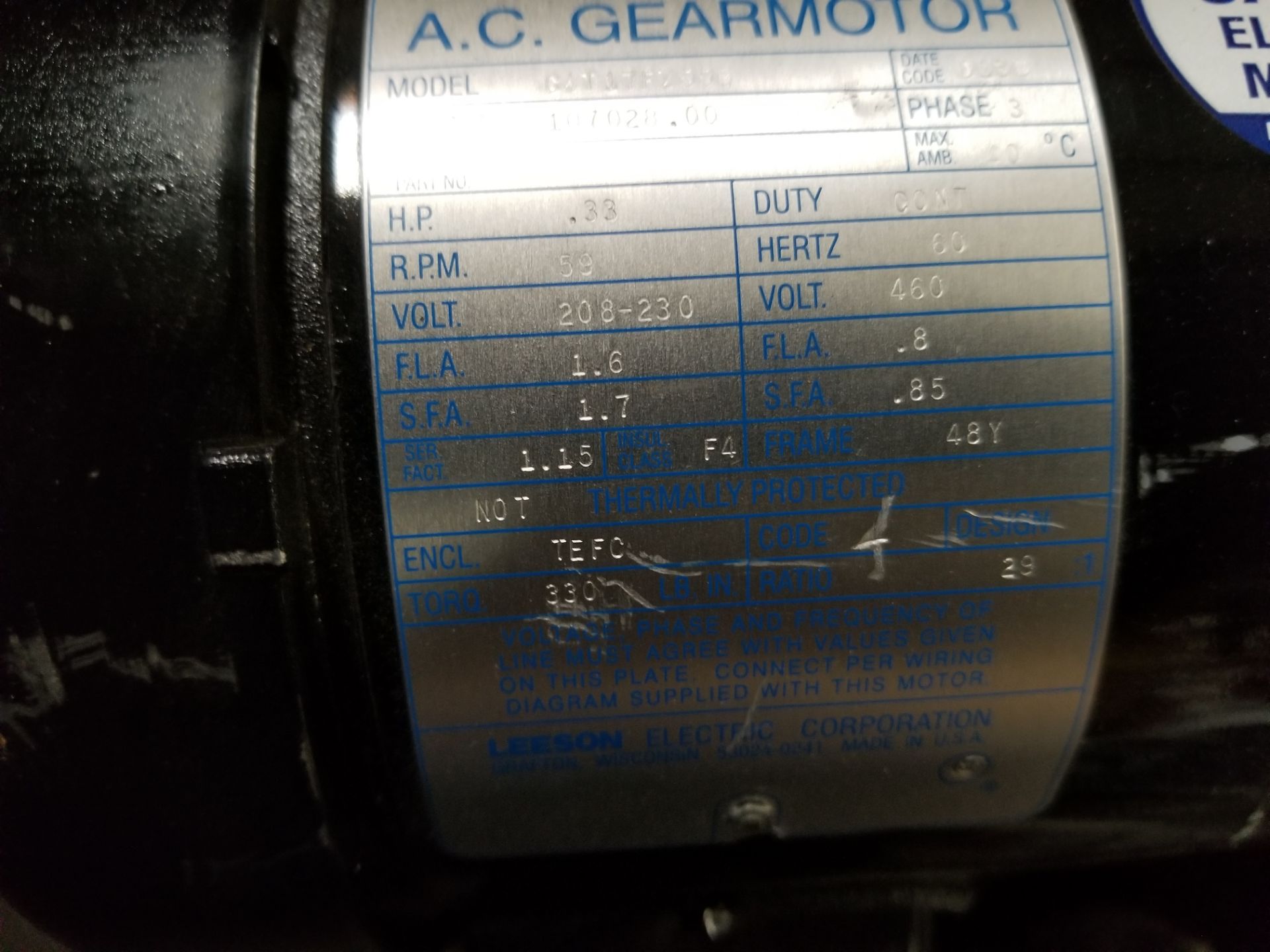 LEESON AC GEAR MOTOR - Image 9 of 9