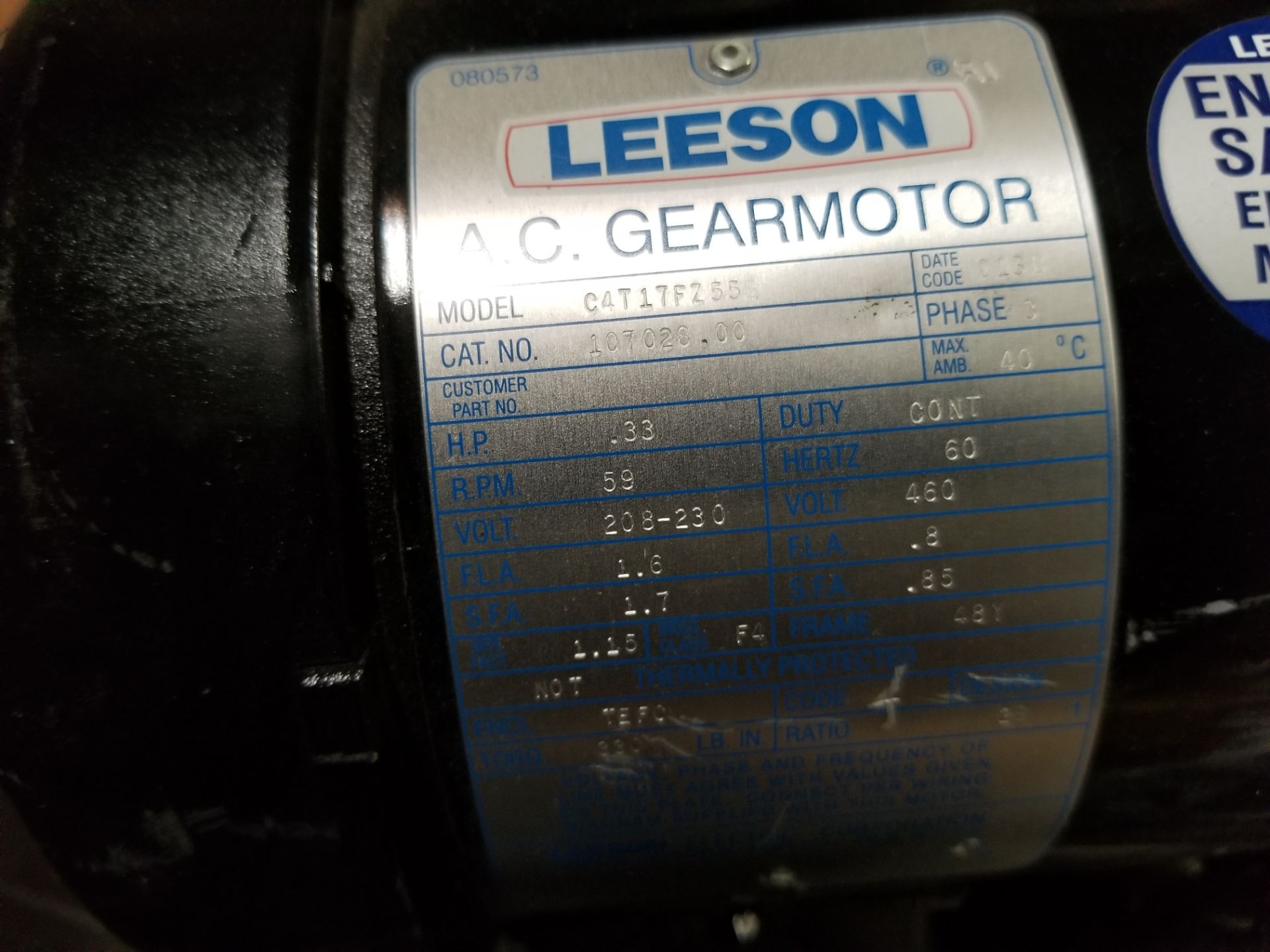 LEESON AC GEAR MOTOR - Image 8 of 9
