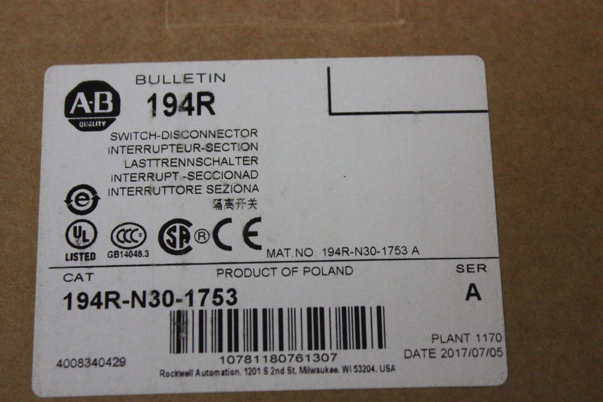 NEW ALLEN BRADLEY DISCONNECT SWITCH - Image 2 of 3