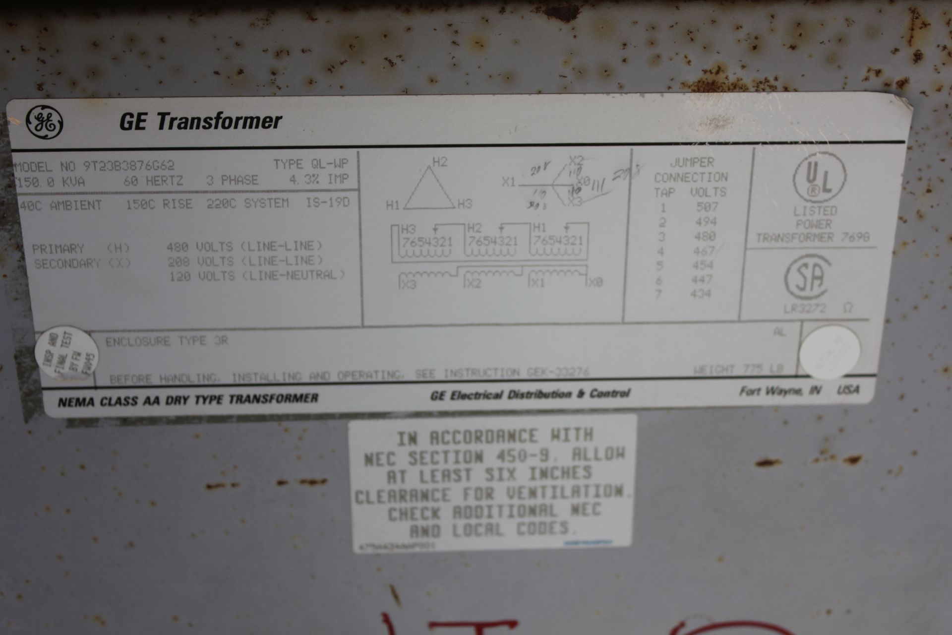 GE 150KVA INDUSTRIAL TRANSFORMER - Image 2 of 3