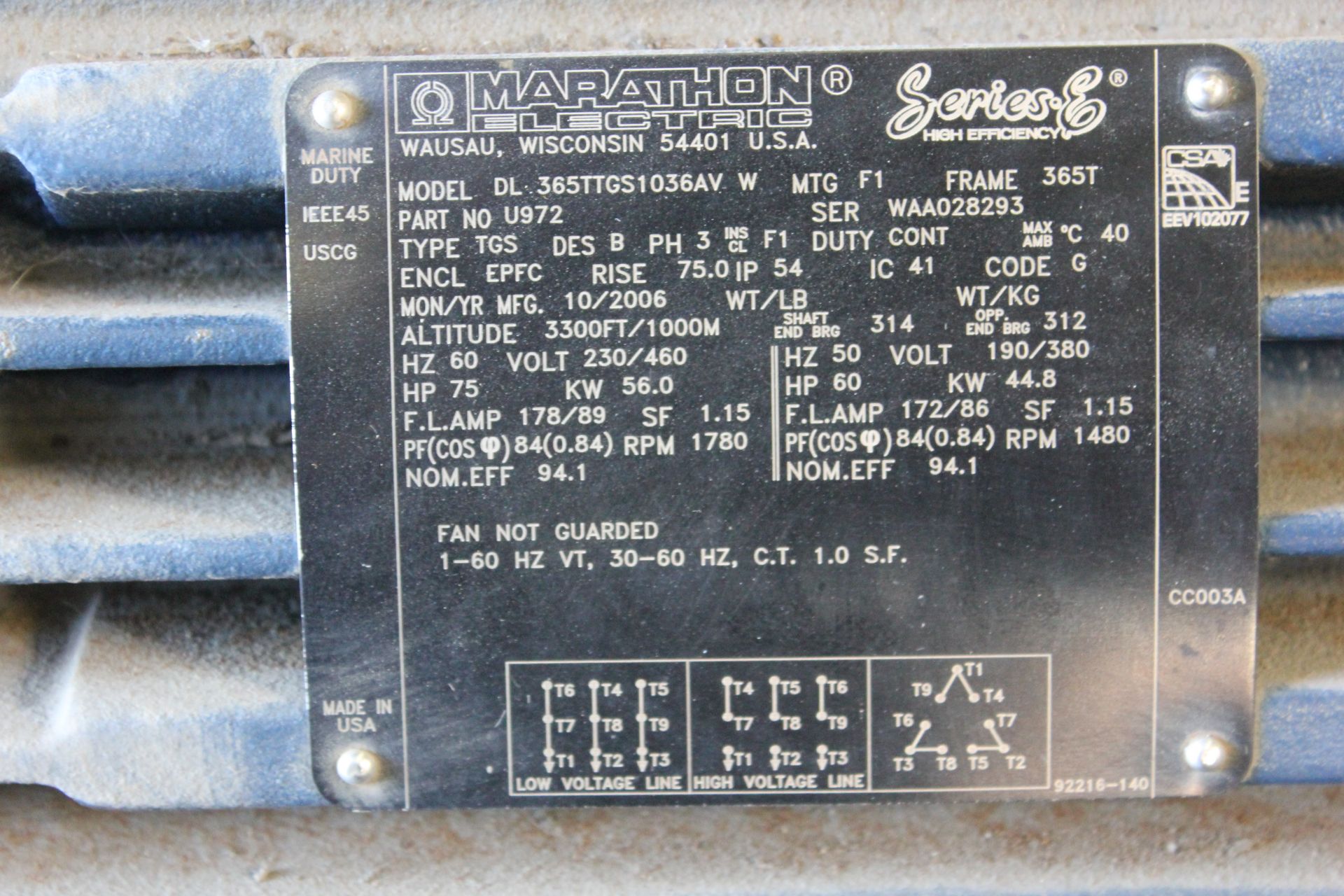MARATHON ELECTRIC 75HP INDUSTRIAL MOTOR - Image 5 of 6