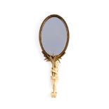 A late 19th century gilt bronze and ivory hand mirror