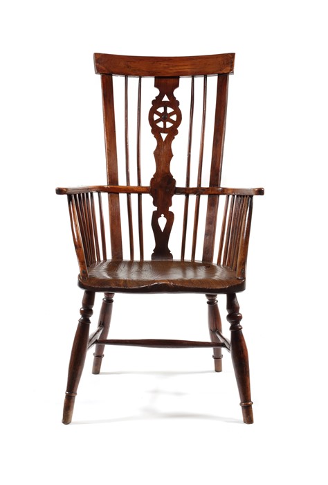 A yew wood and elm high-back Windsor armchair, Thames Valley, circa 1800.