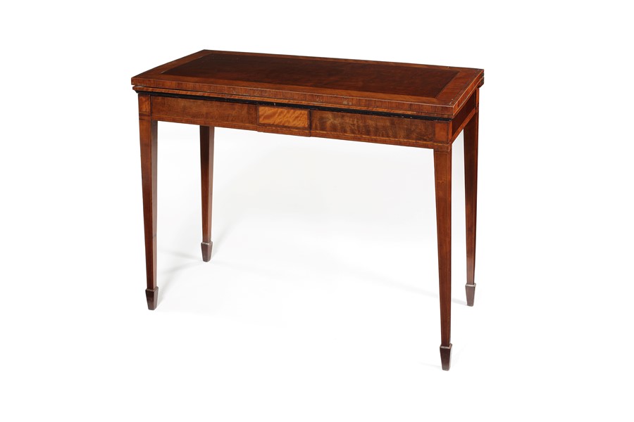 A George III figured purplewood, satinwood and tulipwood banded card table
