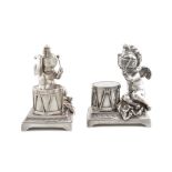 An unusual Victorian silver-plated novelty desk vesta holder and matching inkwell