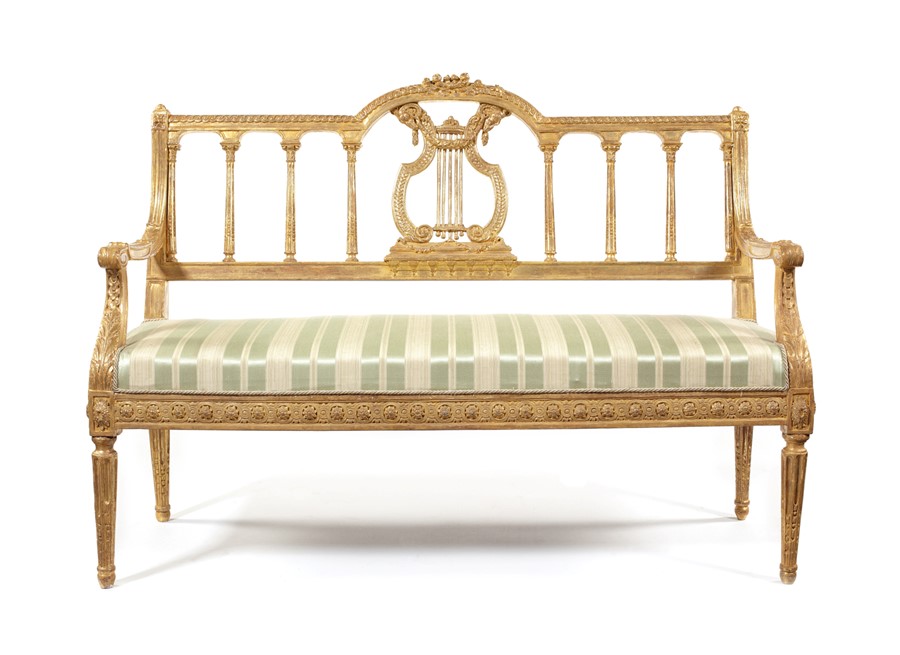 Late 19th century carved giltwood settee in the Louis XVI style