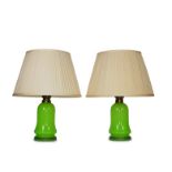 A pair of French lime green opaline glass table lamps